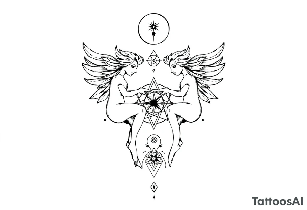 intricate Gemini zodiac with sacred geometry and cosmic elements tattoo idea