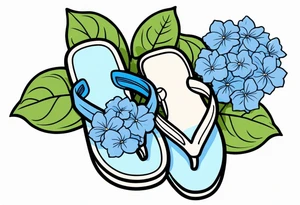 small tattoo of a pastel blue flip flop surrounded by blue and periwinkle hydrangea flowers with green leaves tattoo idea