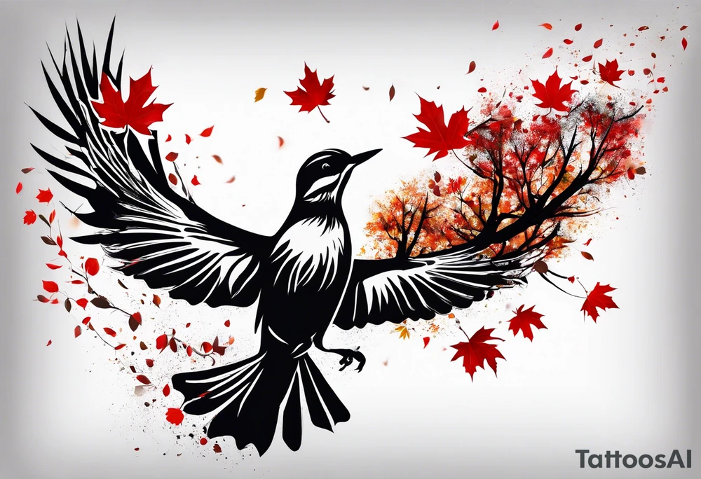 trash polka style. Arm tattoo. chest tattoo. Long tattoo. large tattoo. Full sleeve. Shoulder. A single large maple tree with red autumn leaves that branches upwards from wrist to shoulder. White-throated dipper bird on the trees branches. Calluna flowers at the base of the trees stem. Tree stem has dark colors. Red/yellow sunset behind the trees stem. Leaves falling. tattoo idea
