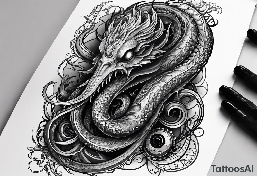 Long tattoo for forearm. Lovecraftian creature, with technological elements. Tentacles protect a symbol of love. tattoo idea