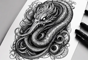 Long tattoo for forearm. Lovecraftian creature, with technological elements. Tentacles protect a symbol of love. tattoo idea
