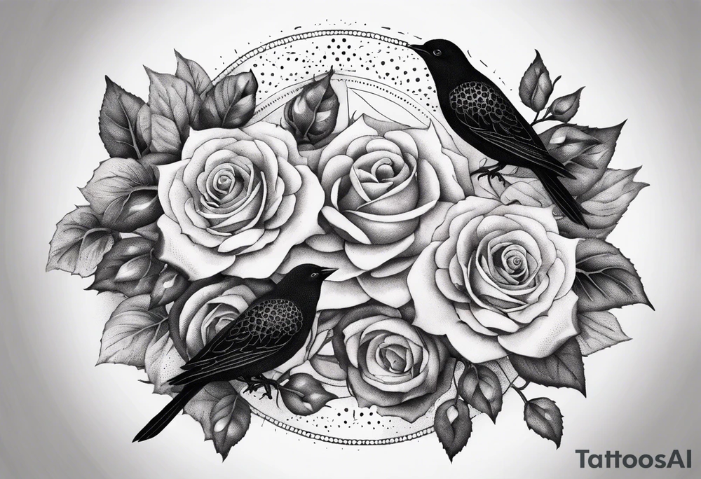 Birds and Roses dot work mandala tattoo idea