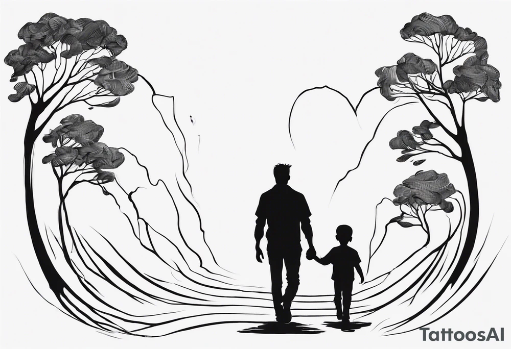 father and son walk away holding hands, just an outline tattoo idea