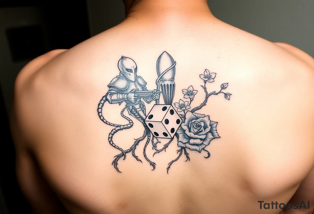 knight and squid combined with tree roots, cherry blossoms and roses rolling dice tattoo idea