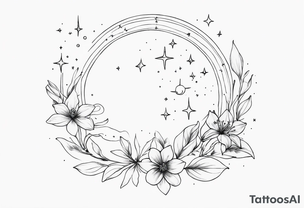 Cancer constellation with Alstroemeria connecting the larger stars, Crescent moon, Saturn and mercury tattoo idea