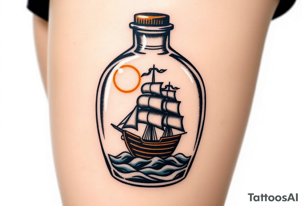 A bottle with a tiny ship trapped inside, representing the Black Pearl, with golden sunlight reflecting off the glass tattoo idea