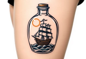 A bottle with a tiny ship trapped inside, representing the Black Pearl, with golden sunlight reflecting off the glass tattoo idea