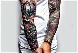 Arm sleeve depicting broken heart, pain suffering and loneliness  darkness tattoo idea