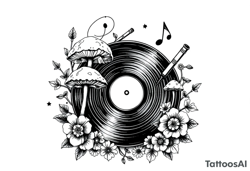 simple vinyl record player with mushrooms, flowers, and music notes around it tattoo idea