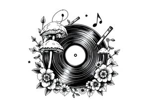 simple vinyl record player with mushrooms, flowers, and music notes around it tattoo idea