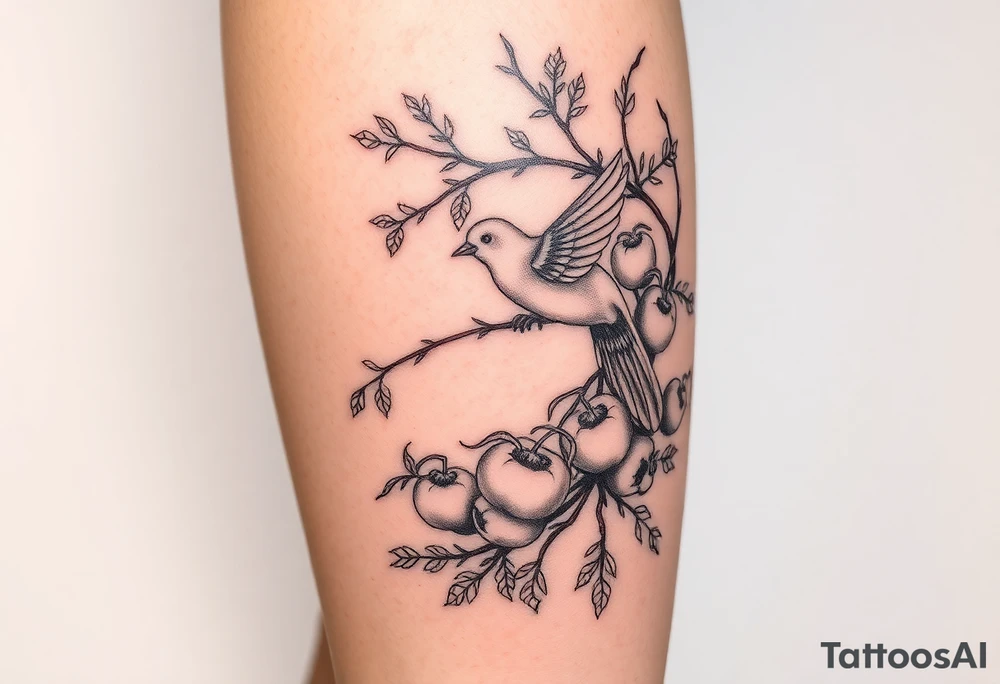 wind up bird in persimmon tree with lots of fruits and branches on calf tattoo idea