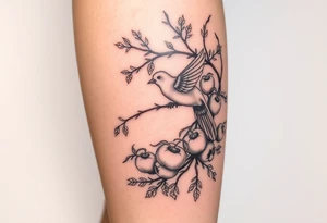 wind up bird in persimmon tree with lots of fruits and branches on calf tattoo idea