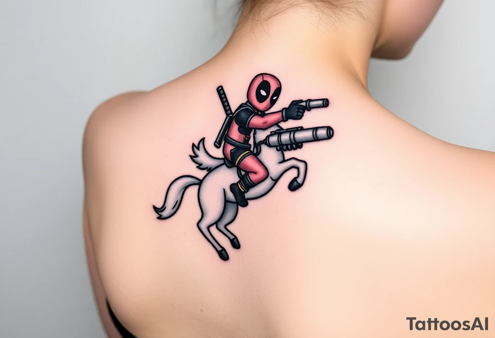 Deadpool riding unicorn pointing rocket propelled grenade launcher tattoo idea