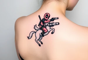 Deadpool riding unicorn pointing rocket propelled grenade launcher tattoo idea