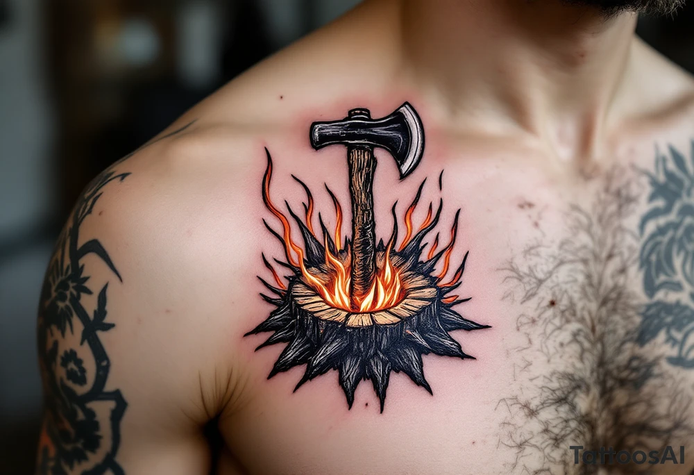 A fireman’s axe embedded in a burning log, with glowing embers and realistic charred wood textures. tattoo idea