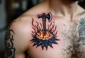 A fireman’s axe embedded in a burning log, with glowing embers and realistic charred wood textures. tattoo idea