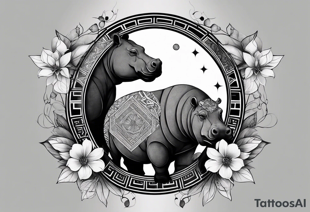 Very asymmetrical, +geometric pattern, with realistic full moon, with hippo at side look, +tribal, +geometric, +inkart , +blackwork, +grey scale, + sketch
with wintersweet flower bud, +inkart touch, +for men, detailed , combined favourite tattoo idea
