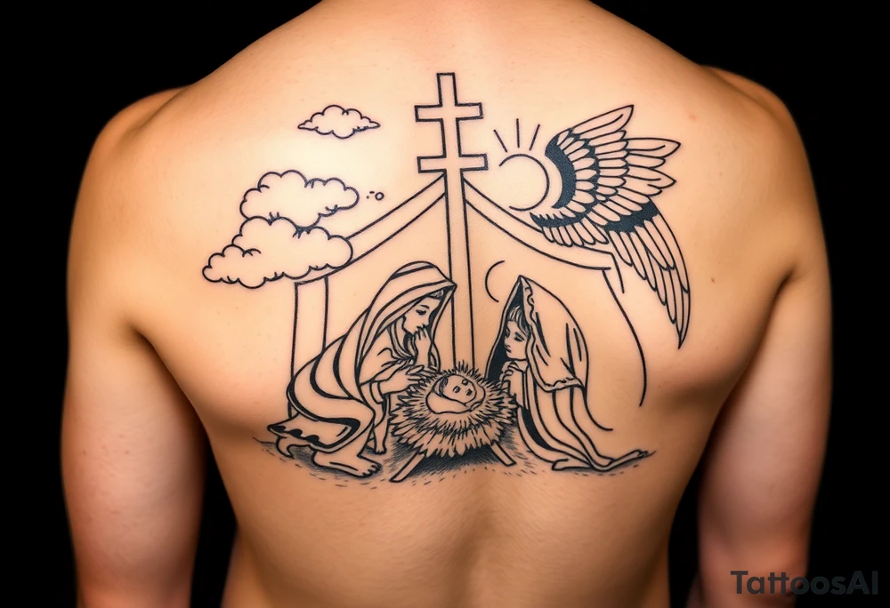 HALF SLEEVE forearm IDEA:
clouds
angel with wings portrait 
cross
The Nativity: The birth of Jesus in a manger, surrounded by Mary, Joseph, shepherds, and animals. It symbolizes hope and the beginning of Christ's life on Earth. tattoo idea