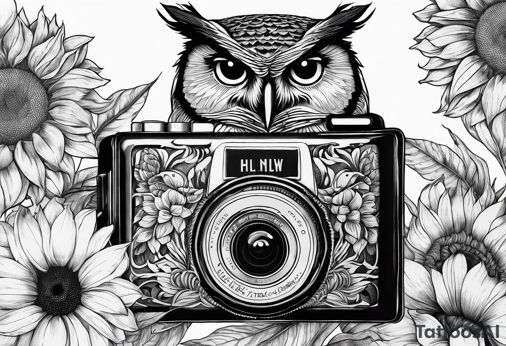 Owl, sunflower, camera, book, peacock tattoo idea