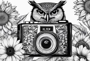 Owl, sunflower, camera, book, peacock tattoo idea