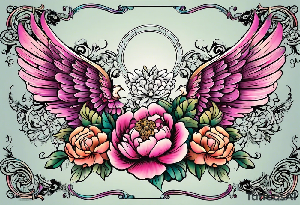 beautiful angel wings with colorful, peonies. beautiful flilligree in the background , full color, traditional old school tattoo idea