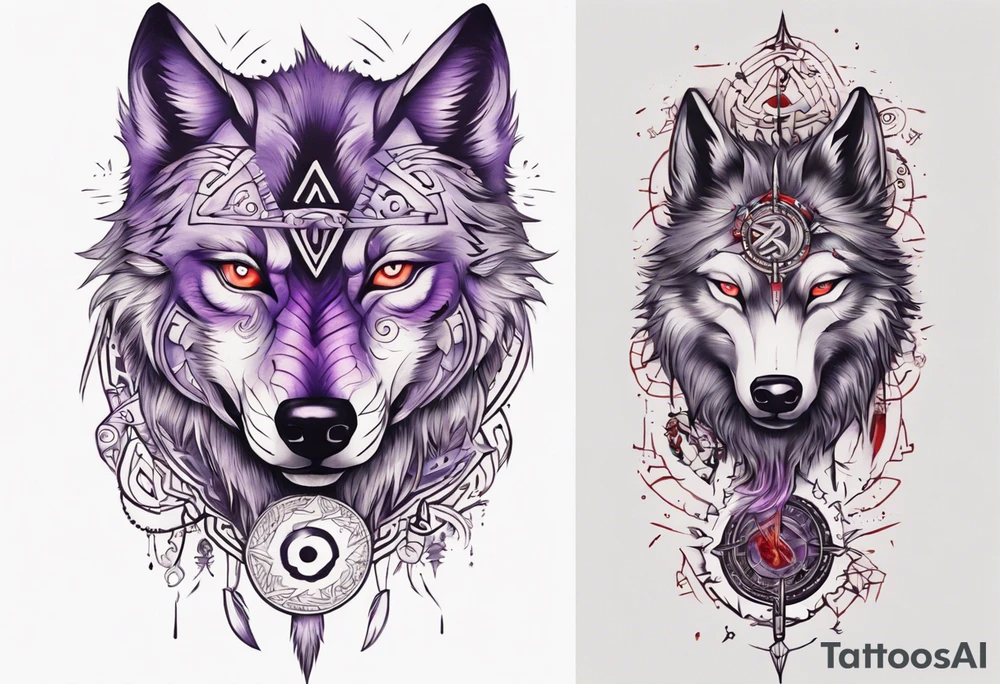 want a half sleeve on my left forearm featuring a side profile of wolf with a vegvisir for its purple and red eye, surrounded by Māori patterns and Norse symbols tattoo idea