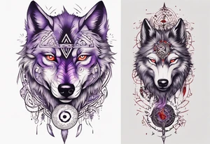 want a half sleeve on my left forearm featuring a side profile of wolf with a vegvisir for its purple and red eye, surrounded by Māori patterns and Norse symbols tattoo idea