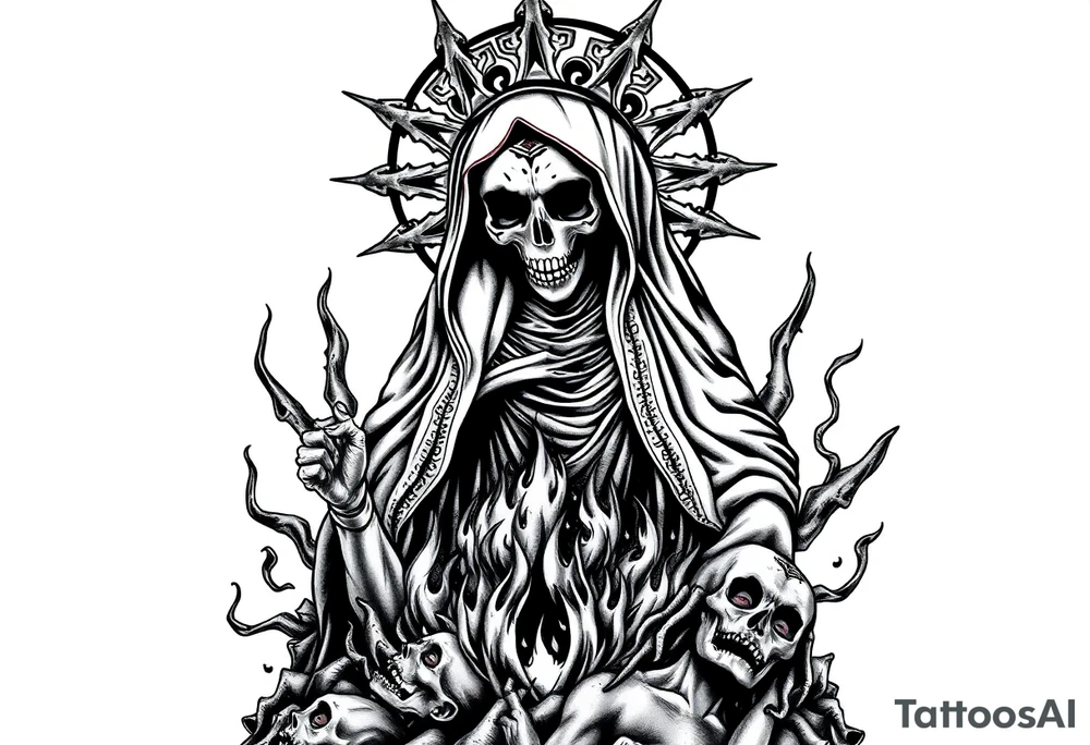 Powerful and evil Santa muerte rising from the flames and ashes of hell, surrounded by unclaimed souls tattoo idea