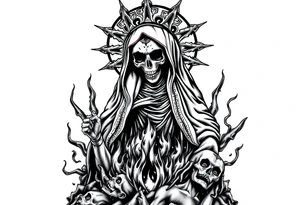 Powerful and evil Santa muerte rising from the flames and ashes of hell, surrounded by unclaimed souls tattoo idea