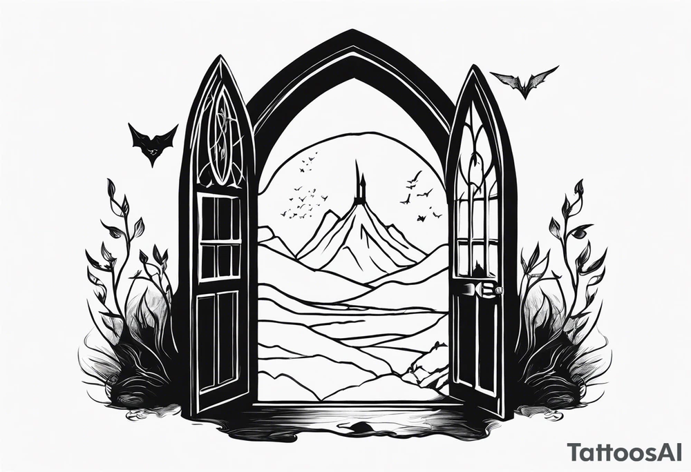 Lord of the rings and Harry Potter movie mashup. Small and simple. Hobbit door hole, wands, elvish writing, deathly hallows tattoo idea