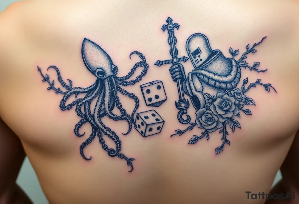 squid and knight combined with chains, tree roots, cherry blossoms and roses rolling dice tattoo idea