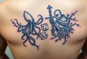 squid and knight combined with chains, tree roots, cherry blossoms and roses rolling dice tattoo idea
