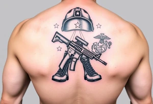 Miliary boots, rifle, helmet in black and grey with color Navy and Marine Corps Flags in the background tattoo idea