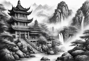 forearm sleeve traditional chinese art painting Chinese temple buddha wearing robes and drinking tea mountains mist fog waterfall tattoo idea
