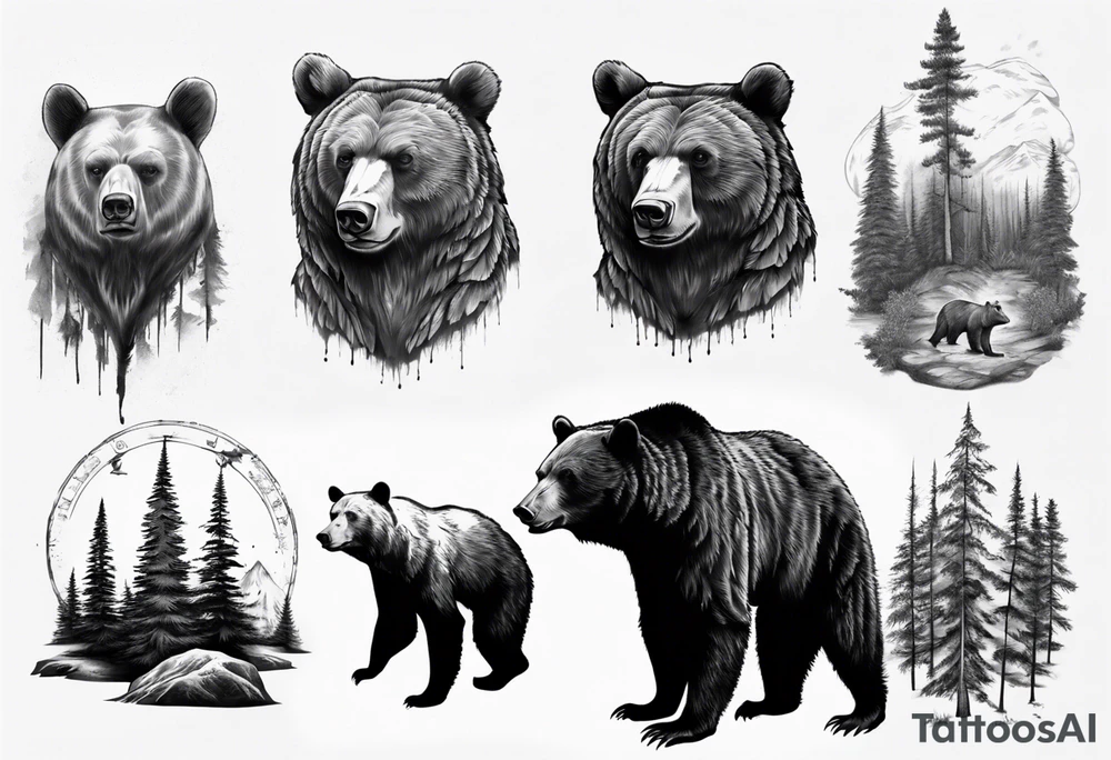 Realistic bear and forrest sleeve tattoo idea