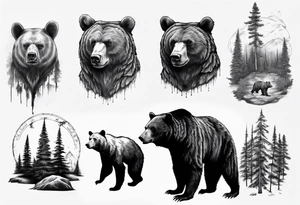 Realistic bear and forrest sleeve tattoo idea
