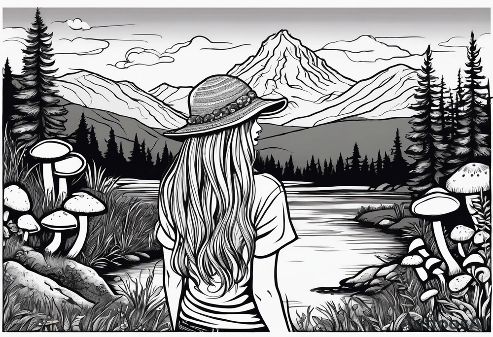 Straight long blonde hair hippie girl in distance holding mushrooms in hand facing away toward mountains and creek surrounded by mushrooms tee shirt and hiking pants tattoo idea
