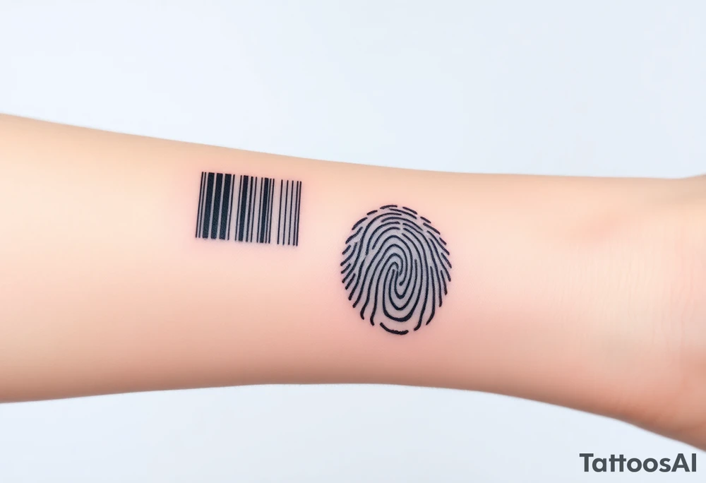 A barcode seamlessly merging into a fingerprint, symbolizing love that is unique and irreplaceable. tattoo idea