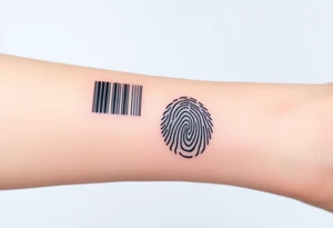 A barcode seamlessly merging into a fingerprint, symbolizing love that is unique and irreplaceable. tattoo idea