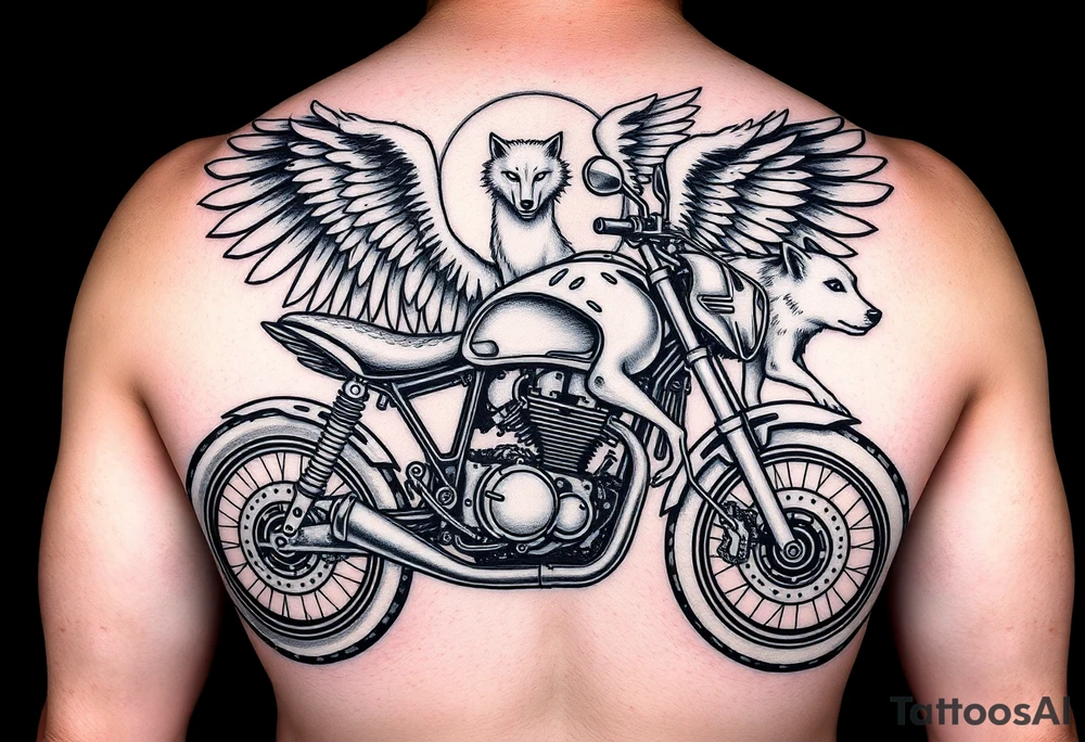 a motorcycle on it with guardian angel wolves on the nike tattoo idea