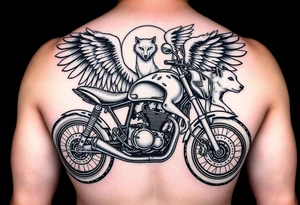 a motorcycle on it with guardian angel wolves on the nike tattoo idea