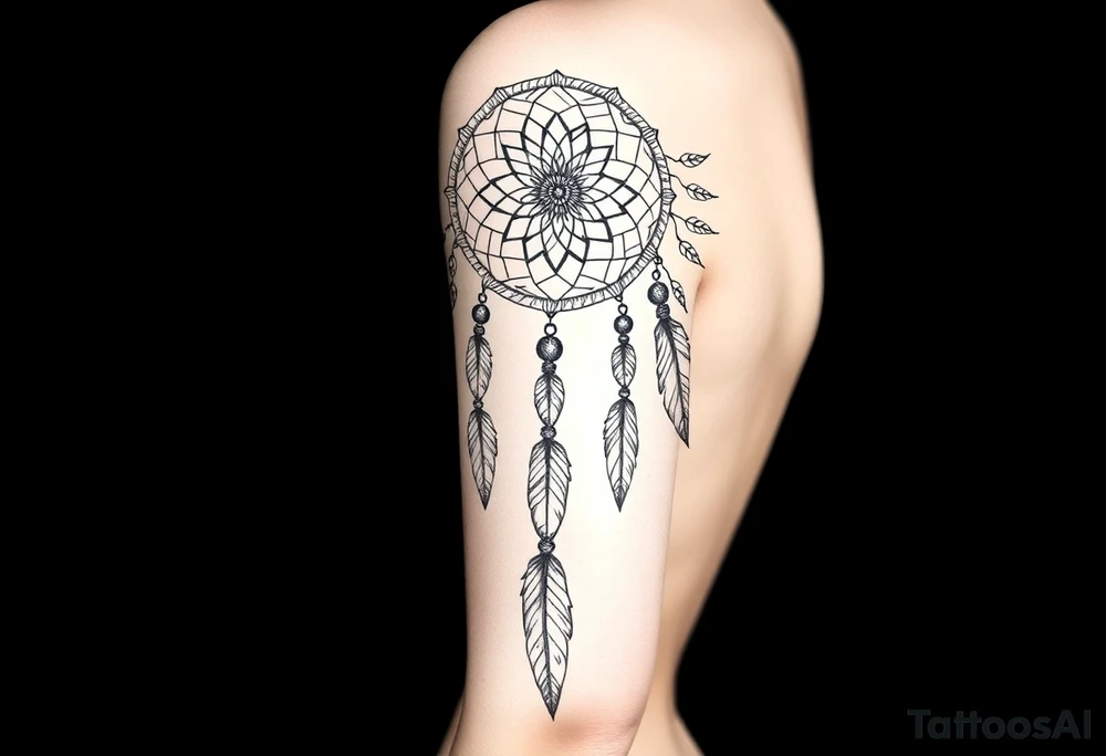 native dreamcatcher with flowing feathers and sacred beads tattoo idea