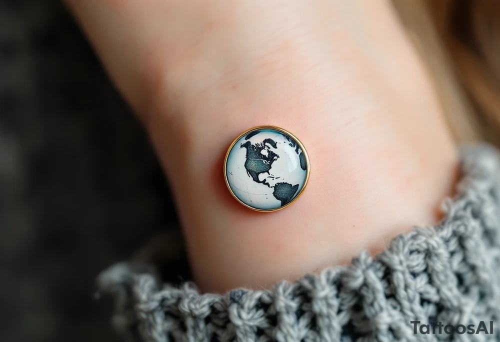 A tiny Earth in subtle sky blue and seafoam green is encased in a thin gold ring like a pendant. tattoo idea