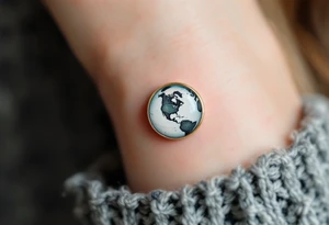 A tiny Earth in subtle sky blue and seafoam green is encased in a thin gold ring like a pendant. tattoo idea