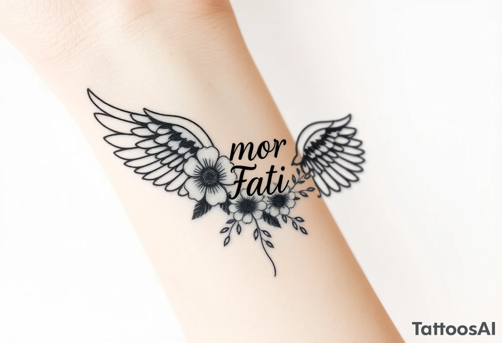 “Amor Fati” flowers colorful an angel wing tattoo idea