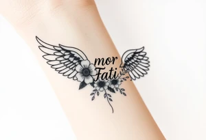 “Amor Fati” flowers colorful an angel wing tattoo idea