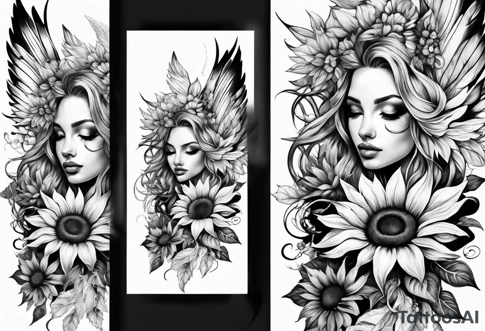 Sunflowers and angel wings leg sleeve tattoo idea