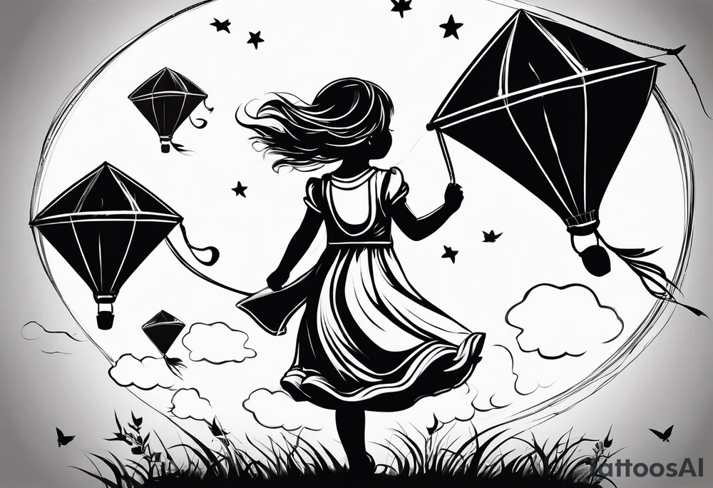 the back of a little girl in a dress, flying a kite tattoo idea