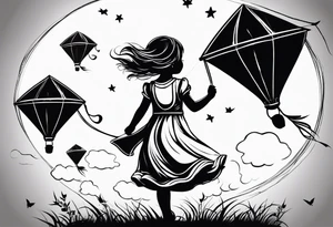 the back of a little girl in a dress, flying a kite tattoo idea