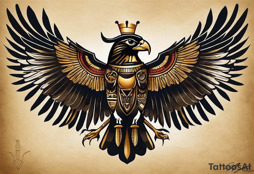 The tattoo depicts Horus, the falcon-headed god of the sky and kingship, in a dynamic and powerful stance. His falcon head is detailed with sharp, lifelike feathers and intense eyes, capturing his vigilant and authoritative nature. His human body is adorned with traditional Egyptian attire, including the crown of Upper and Lower Egypt. Horus is often shown with an outstretched wing or holding a scepter, which is intricately detailed. The realistic shading and attention to anatomical detail emphasize his strength and regal bearing. tattoo idea